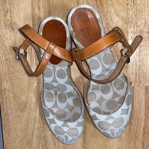 Coach Tan and Cream wedges with Signature Monogram and braided burlap